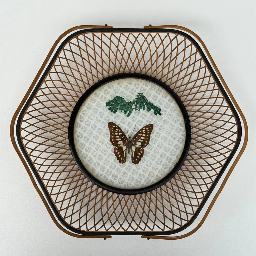 Vintage Basket Jetline Japan Rattan Bamboo‎ Lucite Butterfly Floral Boho Cottage